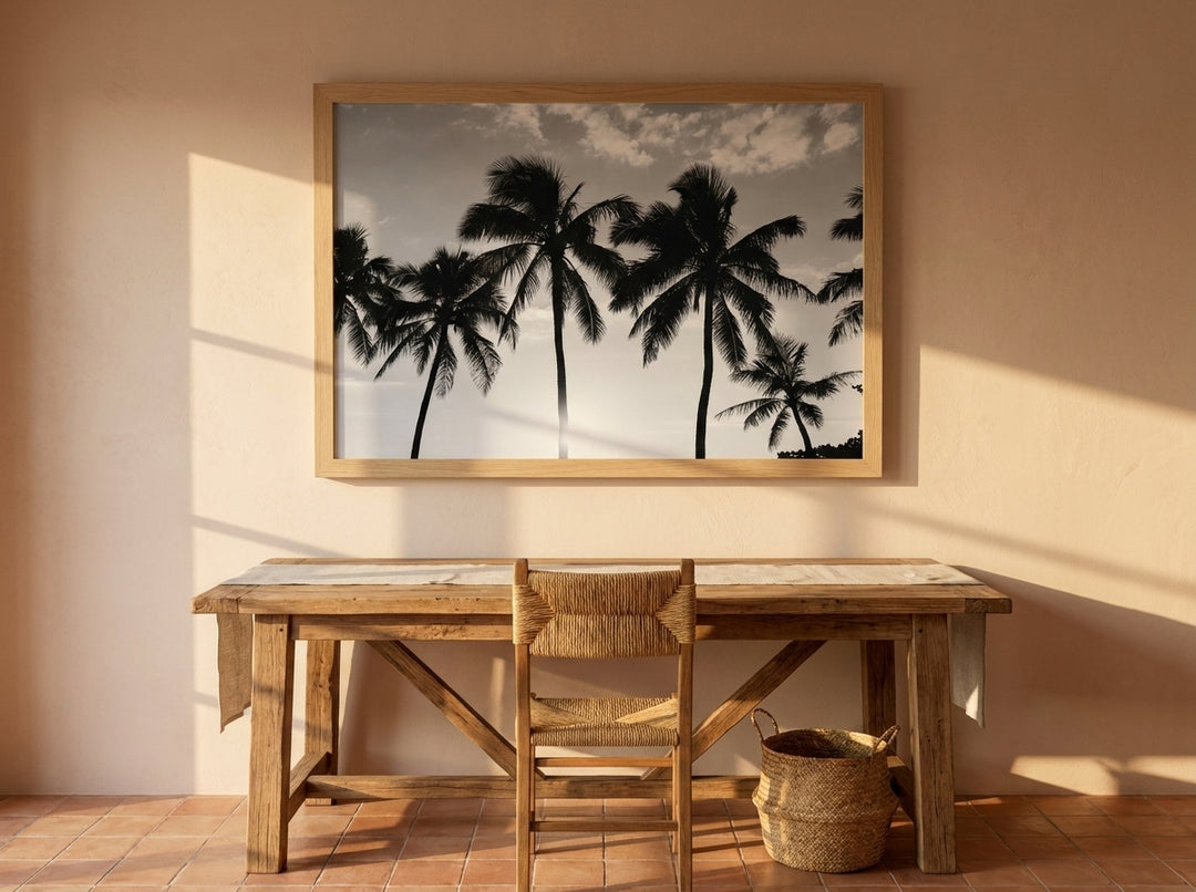 Modern wall art print styled on the wall in a Mediterranean home office
