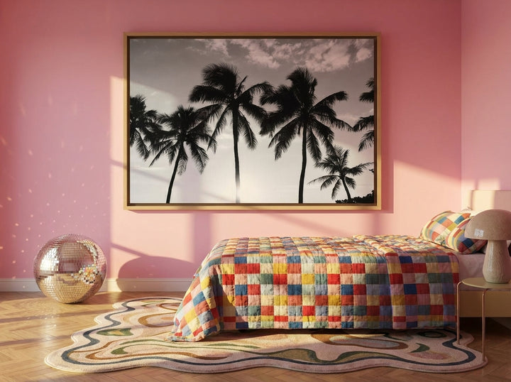 Canvas wall art with a natural timber surround styled on the wall in a colourful eclectic bedroom