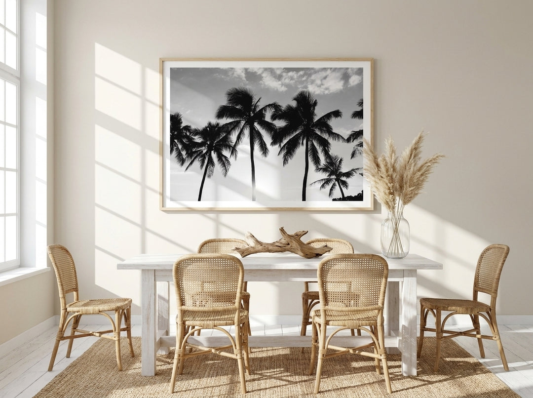 Modern wall art print styled on the wall in a coastal dining room