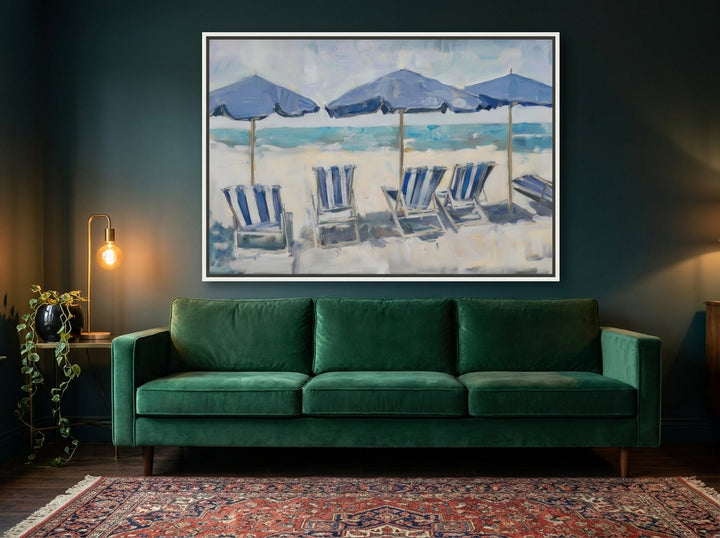 Oversized statement canvas wall art with a white surround styled on the wall in a moody living room