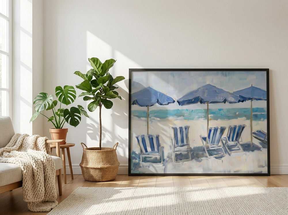 Oversized statement modern wall art print leaning against the wall in a bright Scandinavian living room