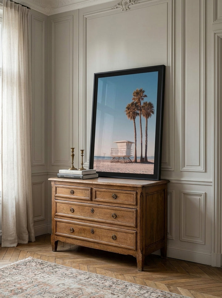 Modern wall art print standing on a sideboard in a Parisian bathroom