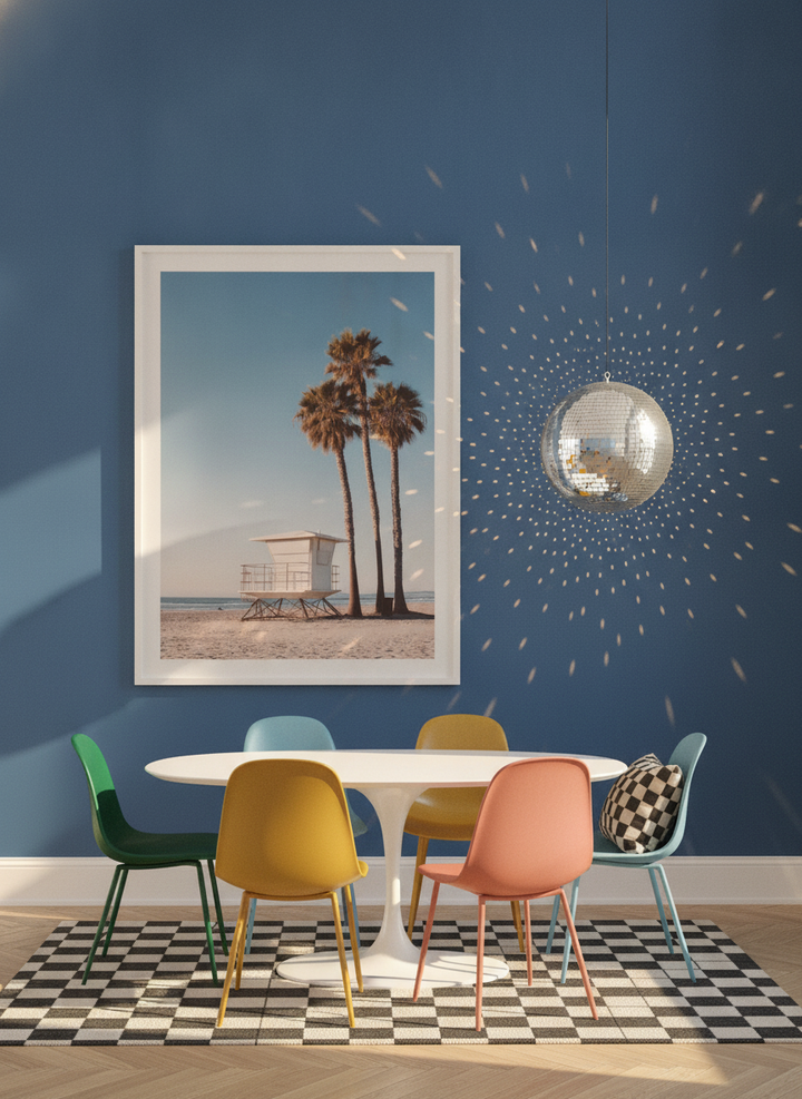 Oversized statement modern wall art print styled on the wall in a colourful eclectic dining room