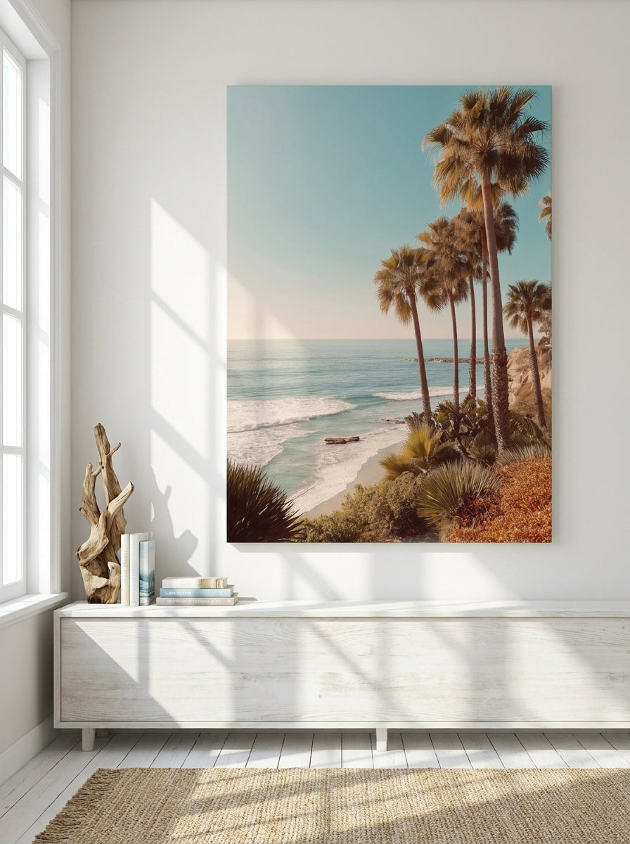 Stretched canvas wall art styled on the wall in a coastal living room