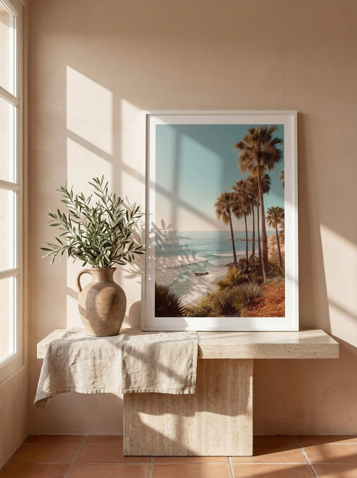 Modern wall art print standing on a console in a Mediterranean bedroom