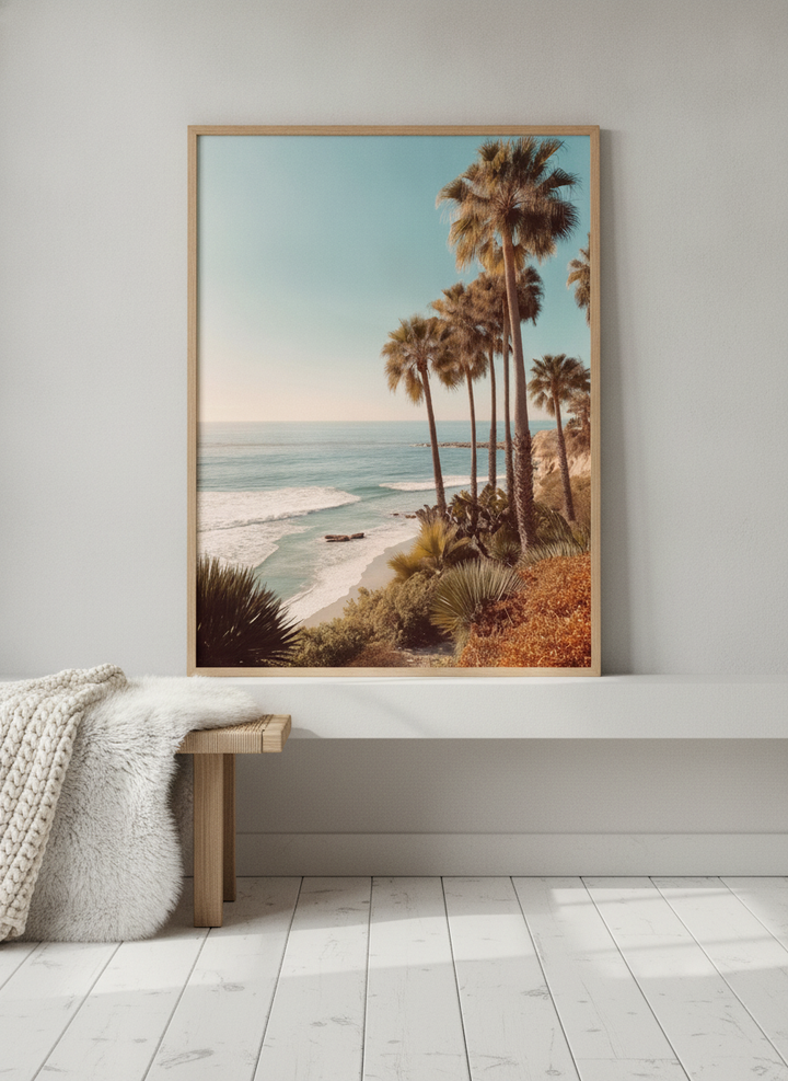 Modern wall art print standing on a shelf in a bright Scandinavian bathroom