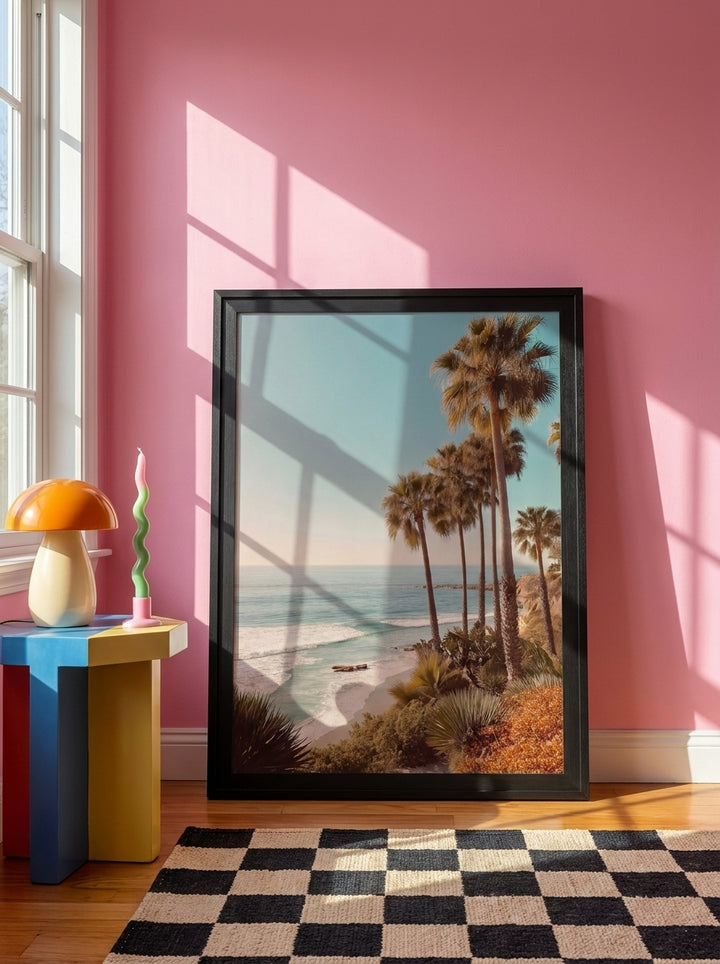 Modern wall art print leaning against the wall in a colourful eclectic home office