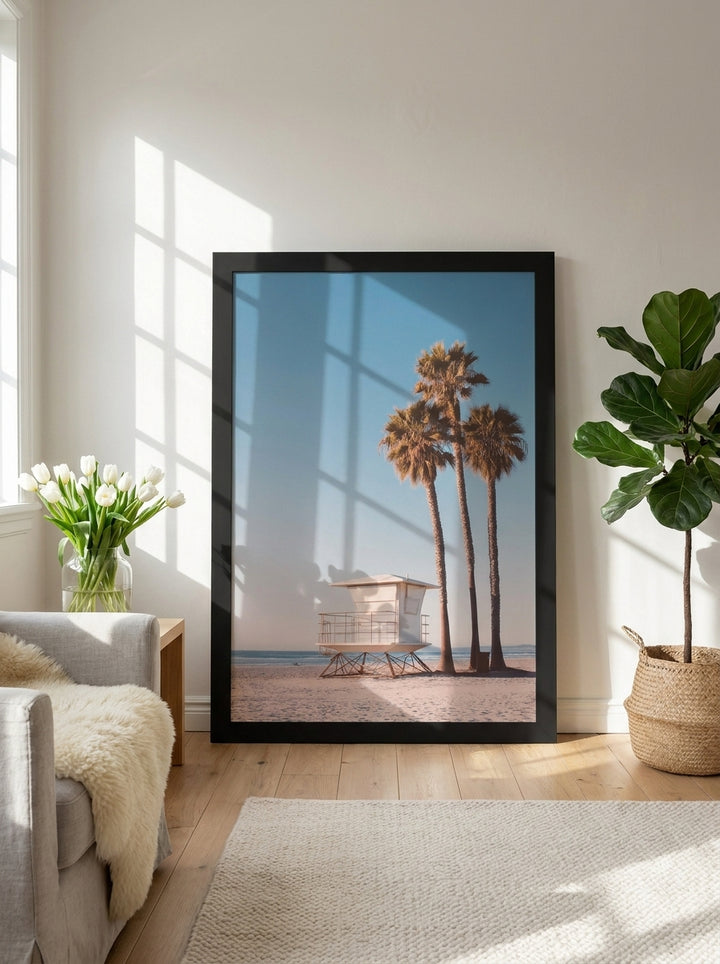Oversized statement modern wall art print leaning against the wall in a bright Scandinavian living room