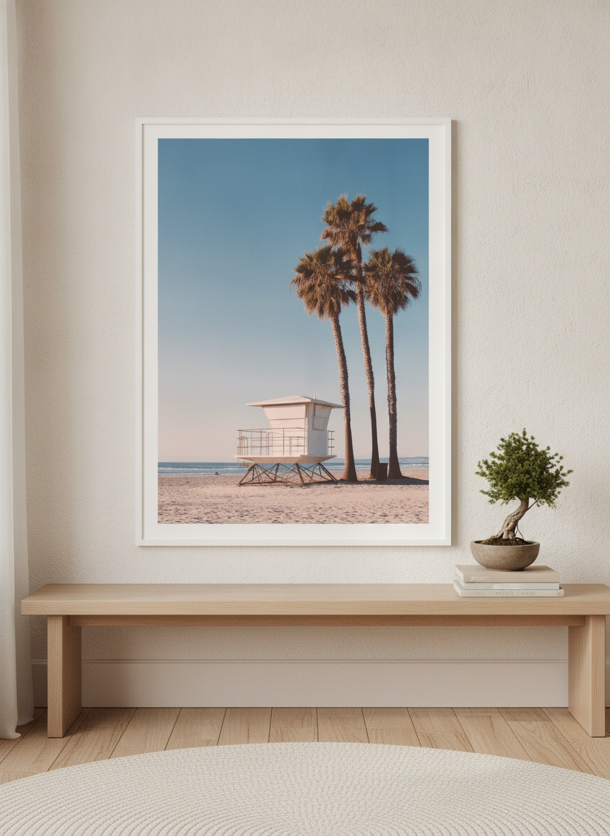 Modern wall art print standing on a bench in a warm Japandi bedroom
