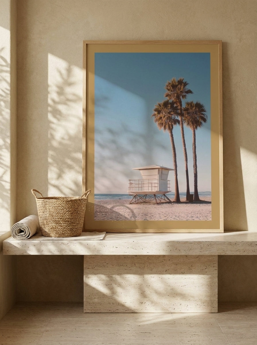 Modern wall art print standing on a console in a Mediterranean home office