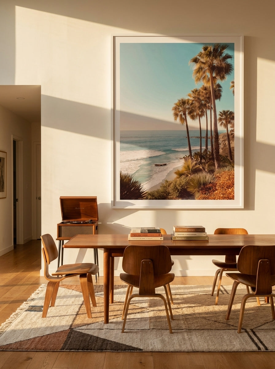 Oversized statement modern wall art print styled on the wall in a mid-century dining room