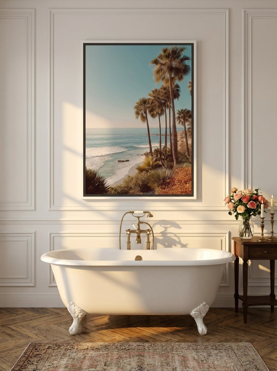 Canvas wall art with a white surround styled on the wall in a Parisian bathroom