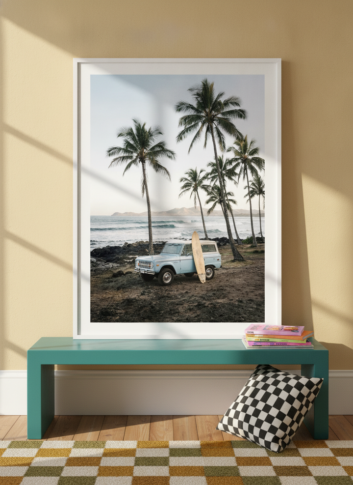 Modern wall art print standing on a side table in a colourful eclectic home office