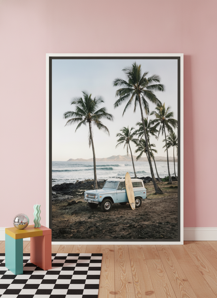 Oversized statement canvas wall art with a white surround leaning against the wall in a colourful eclectic living room