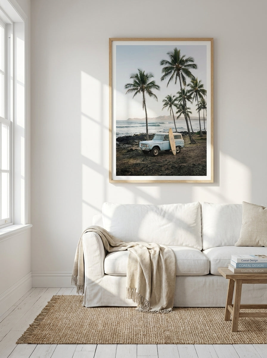 Modern wall art print styled on the wall in a coastal living room