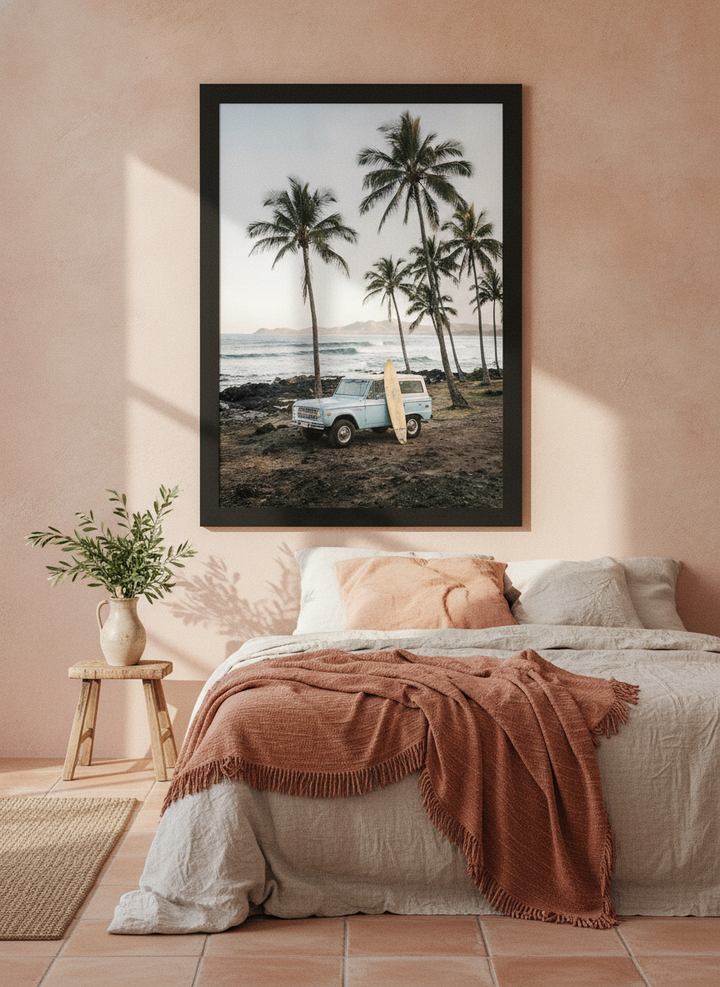 Modern wall art print styled on the wall in a Mediterranean bedroom