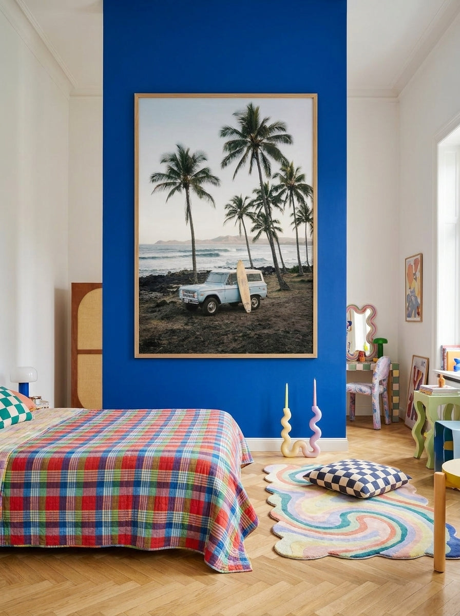 Oversized statement modern wall art print styled on the wall in a colourful eclectic bedroom