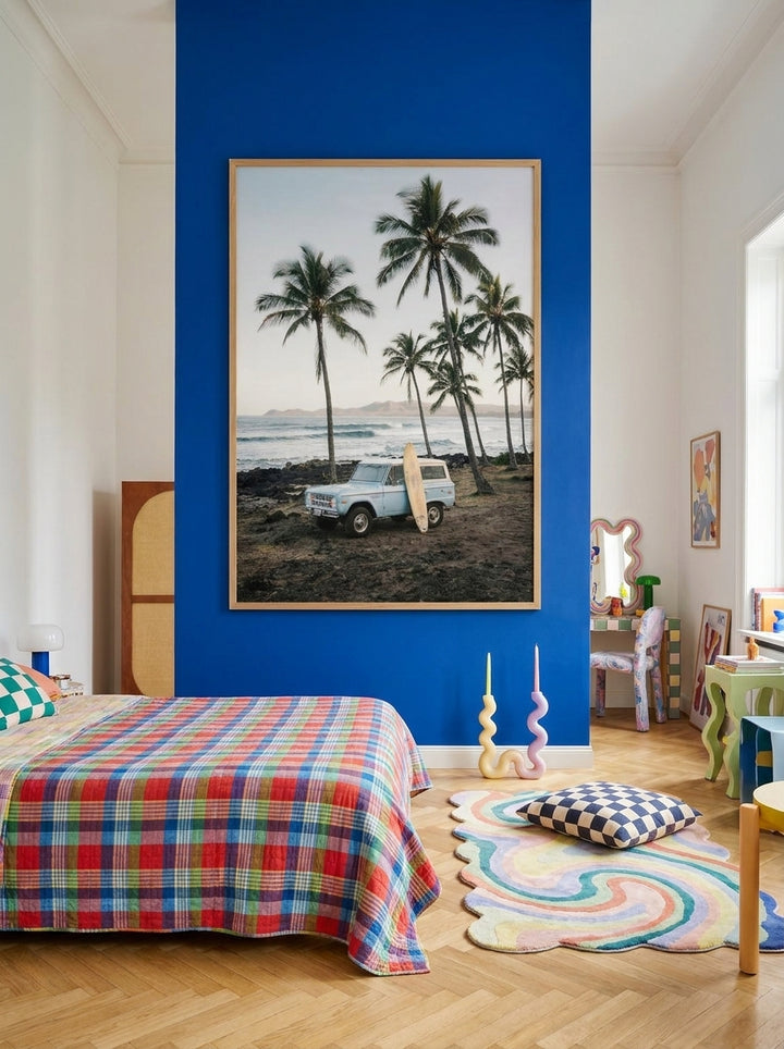 Oversized statement modern wall art print styled on the wall in a colourful eclectic bedroom