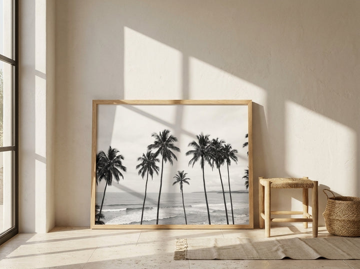 Modern wall art print leaning against the wall in a Mediterranean home office