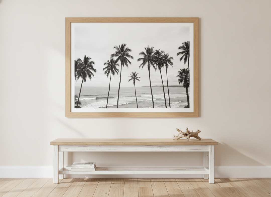 Modern wall art print styled on the wall in a coastal living room