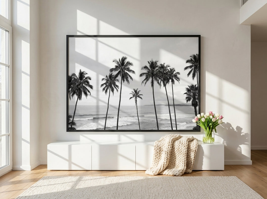 Oversized statement modern wall art print styled on the wall in a bright Scandinavian living room