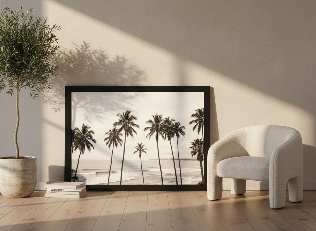 Modern wall art print leaning against the wall in a luxe bathroom