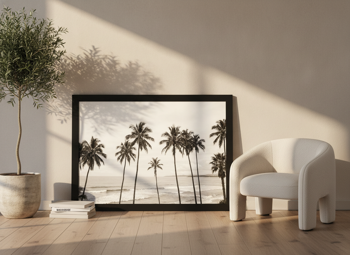 Modern wall art print leaning against the wall in a luxe bathroom