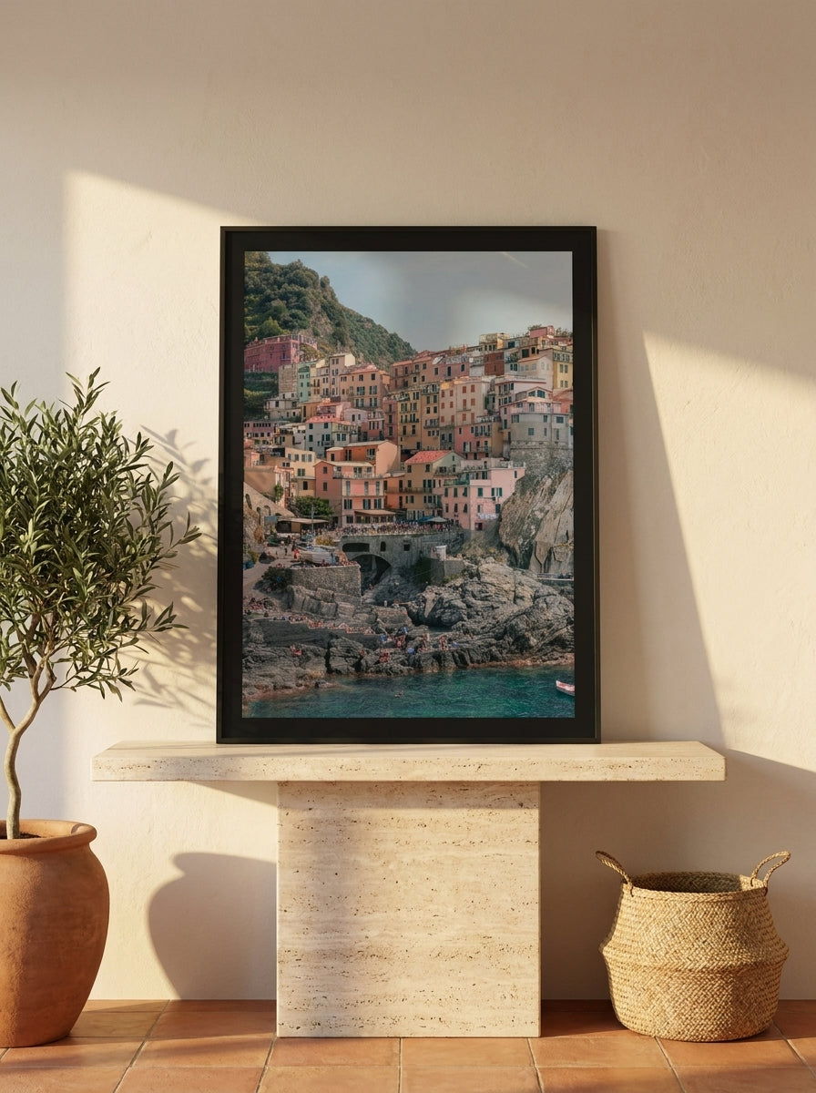 Modern wall art print standing on a console in a Mediterranean home office