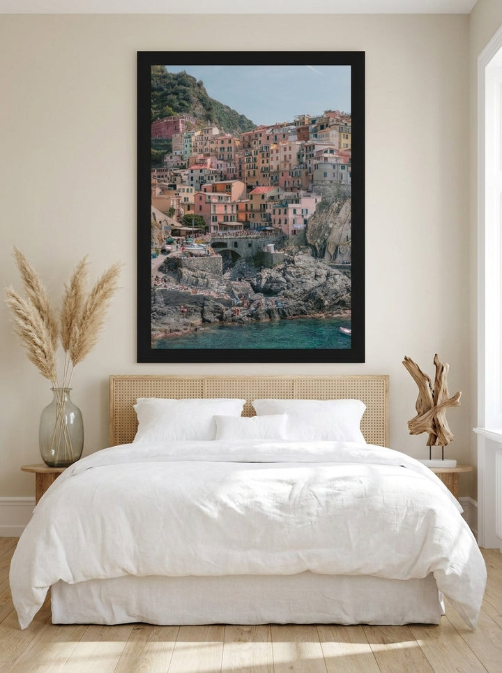 Modern wall art print styled on the wall in a coastal bedroom