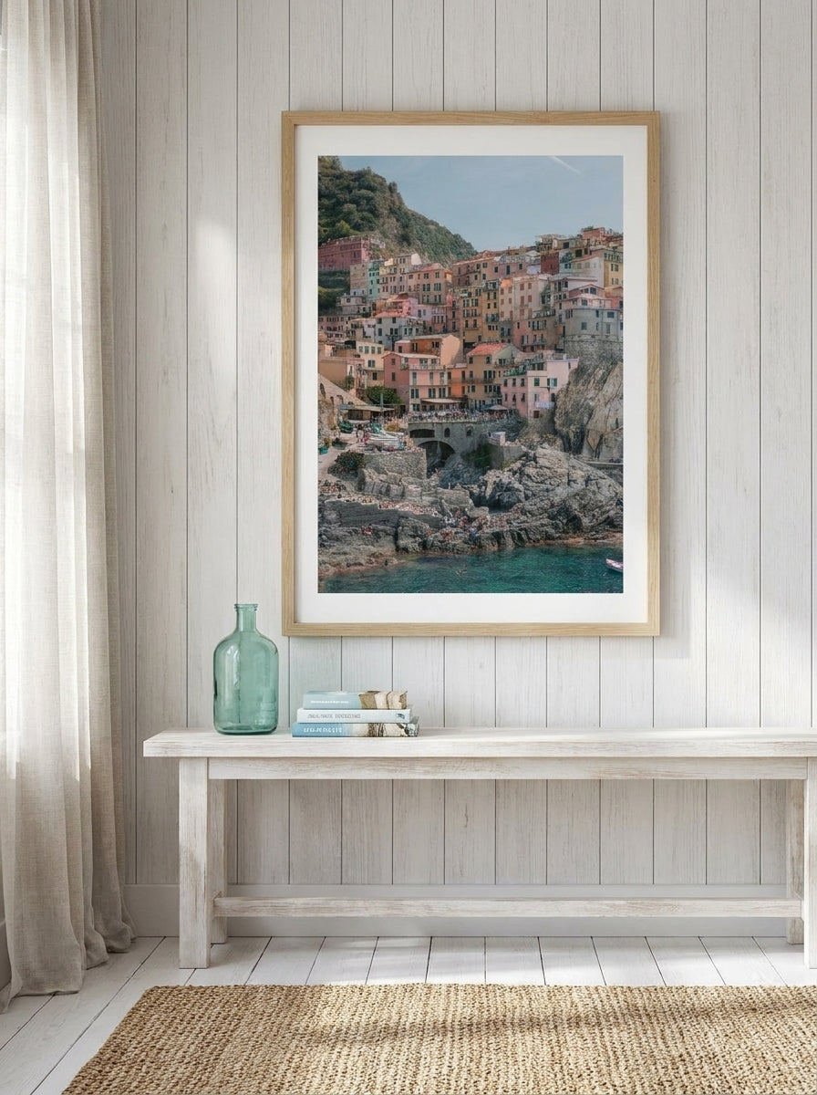 Modern wall art print styled on the wall in a coastal living room
