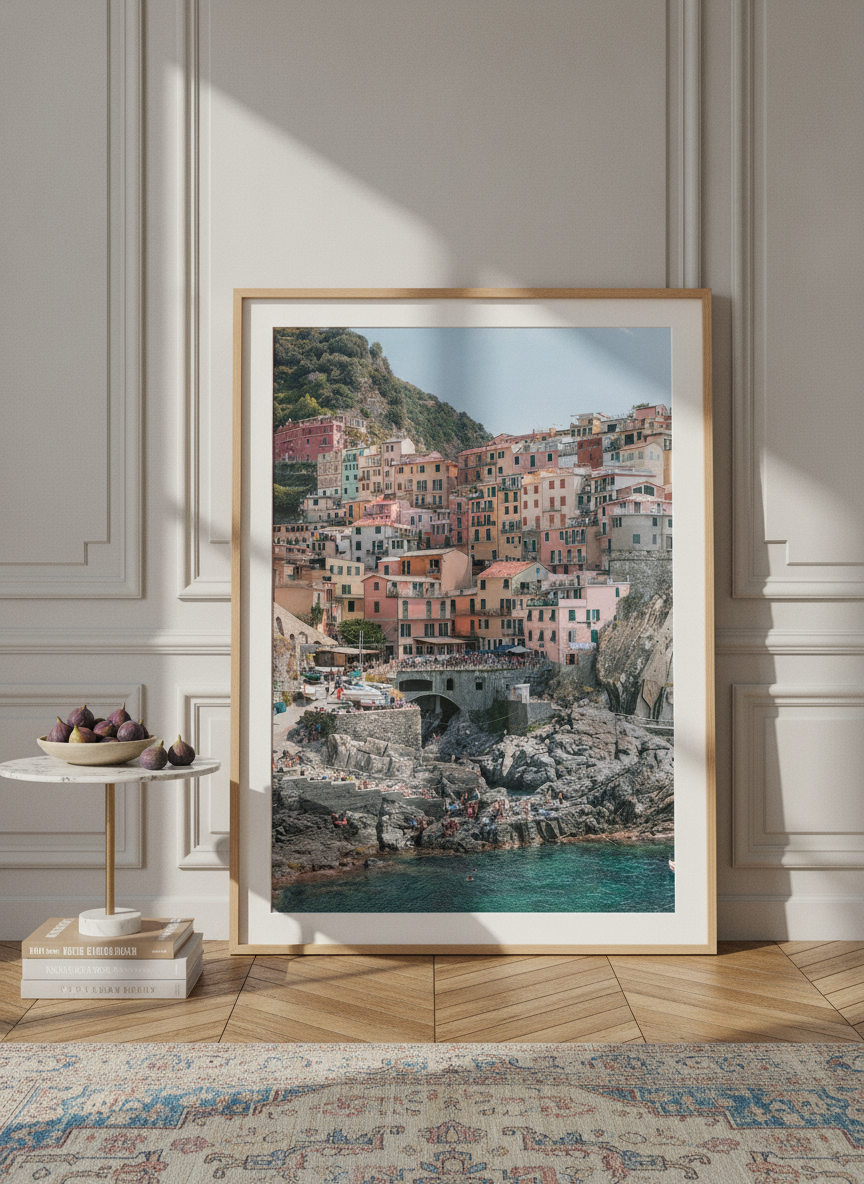 Oversized statement modern wall art print leaning against the wall in a Parisian dining room