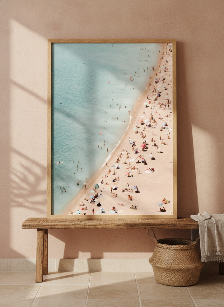 Modern wall art print standing on a bench in a Mediterranean home office