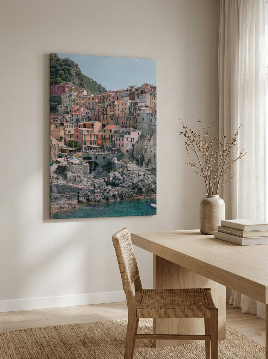 Stretched canvas wall art styled on the wall in a warm Japandi home office