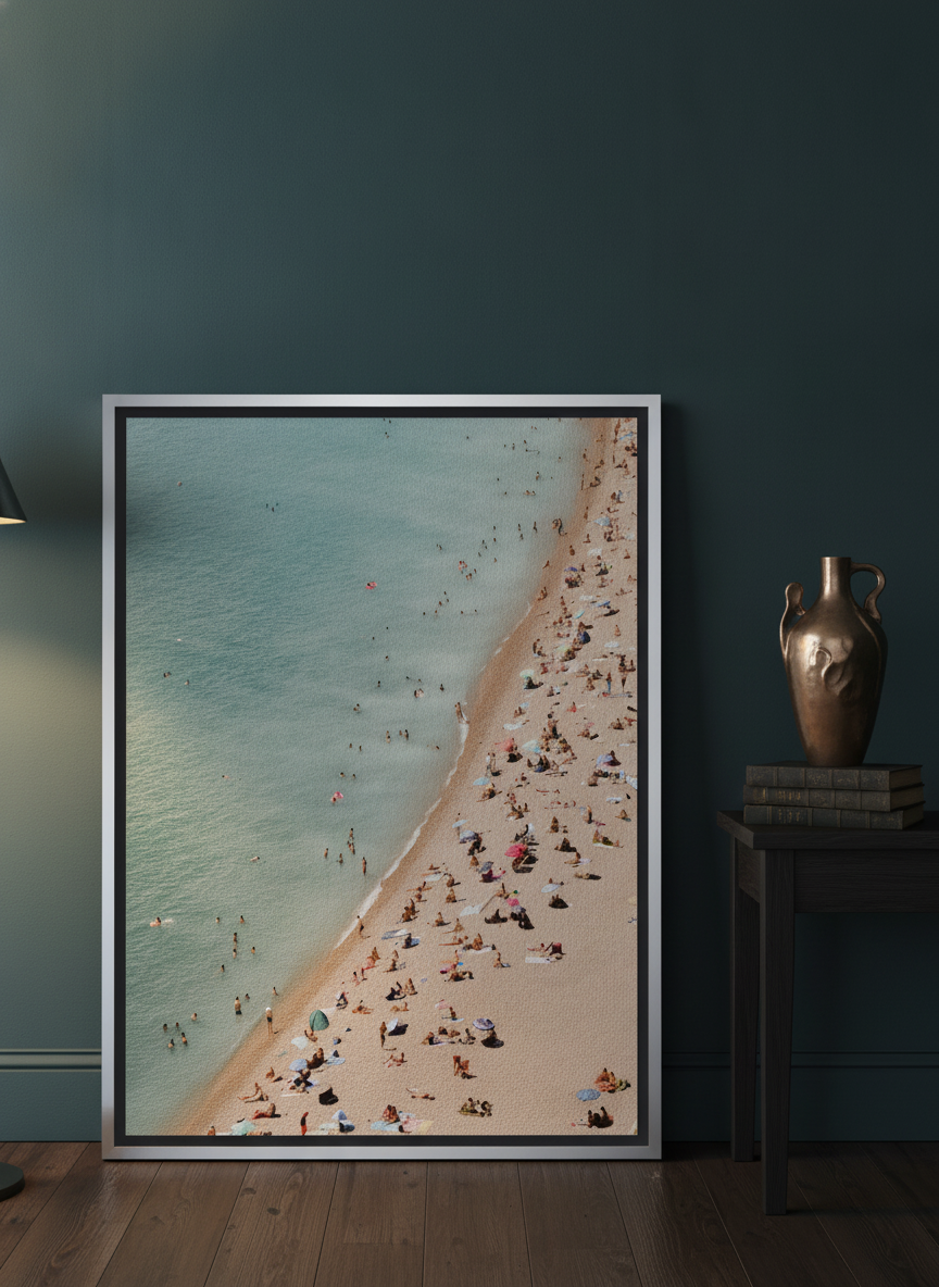 Canvas wall art with a silver leaf surround leaning against the wall in a moody living room