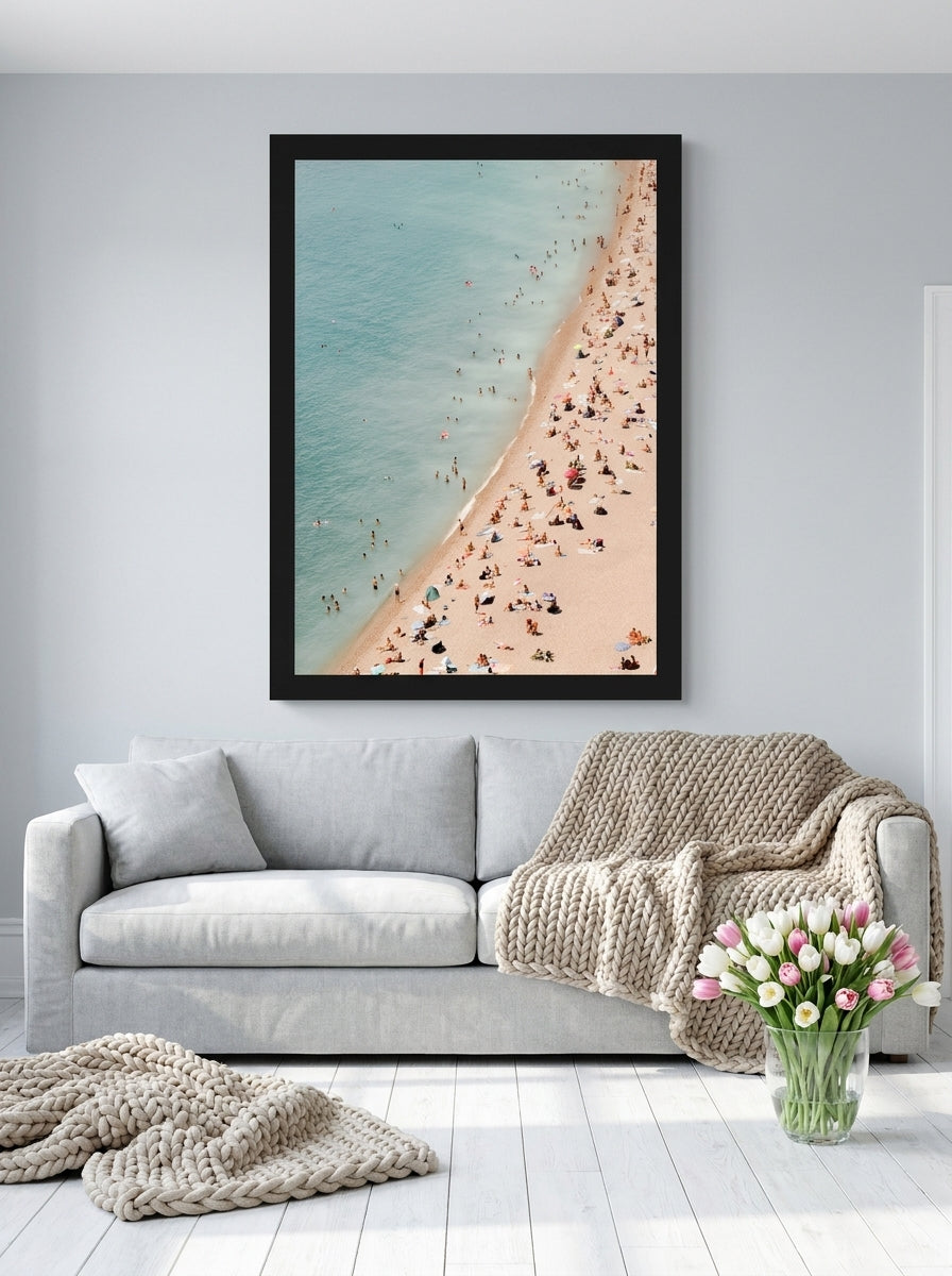 Oversized statement modern wall art print styled on the wall in a bright Scandinavian living room