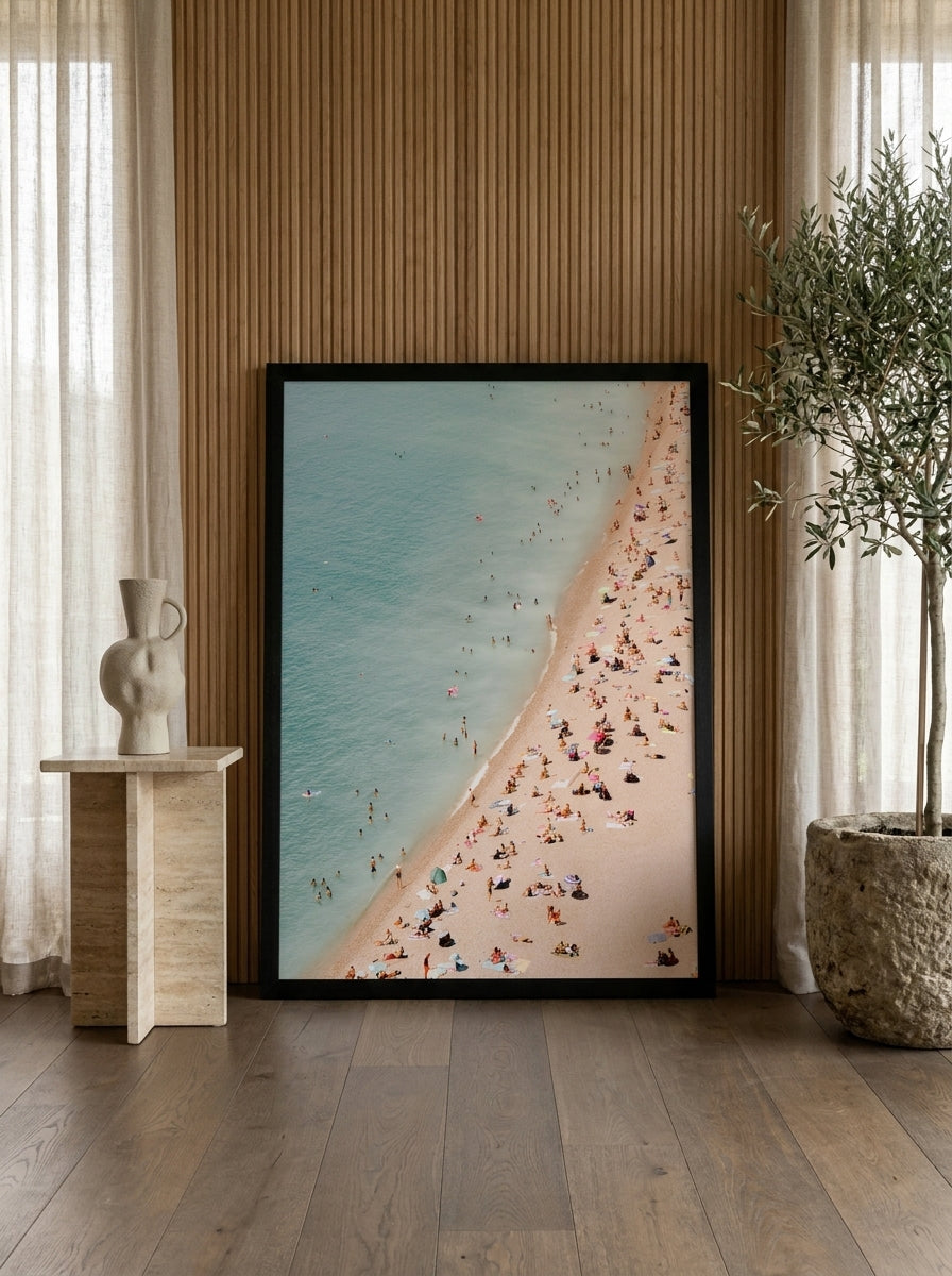 Modern wall art print leaning against the wall in a luxe bathroom