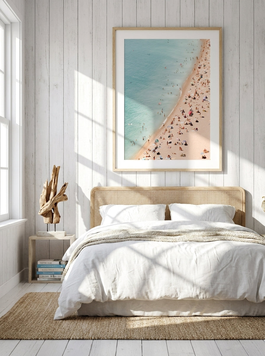 Modern wall art print styled on the wall in a coastal bedroom