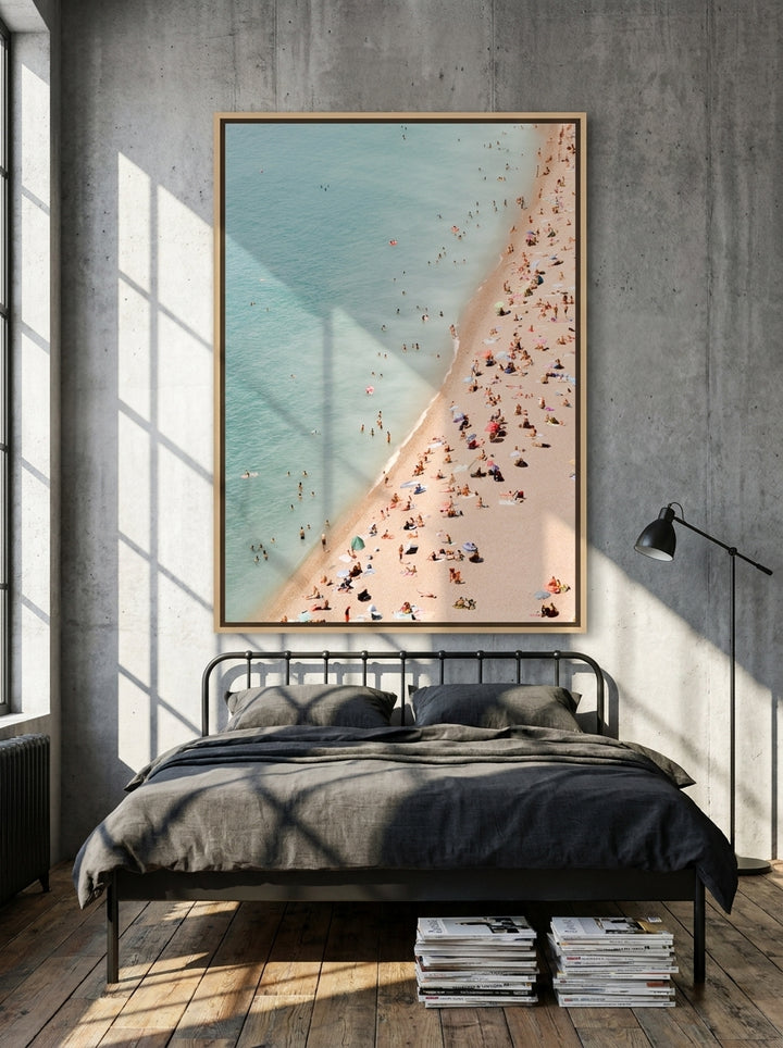 Oversized statement canvas wall art with a natural timber surround styled on the wall in an industrial loft bedroom