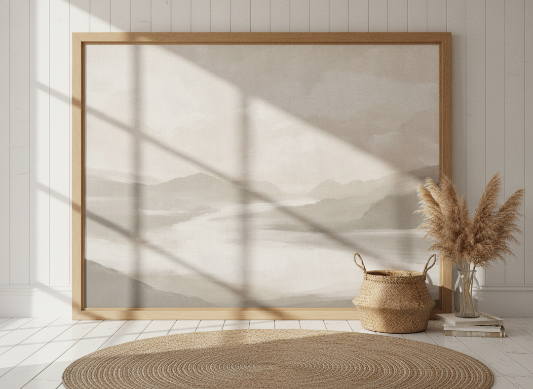 Oversized statement modern wall art print leaning against the wall in a coastal dining room