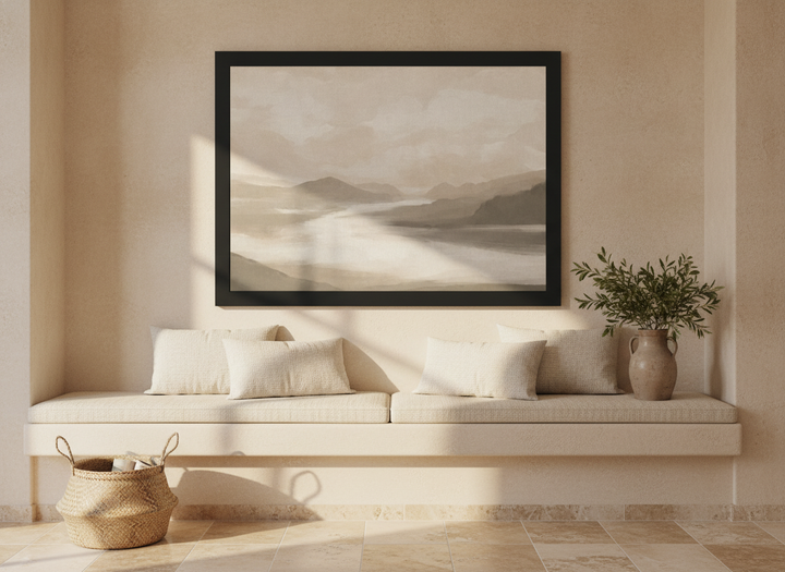 Modern wall art print styled on the wall in a Mediterranean living room
