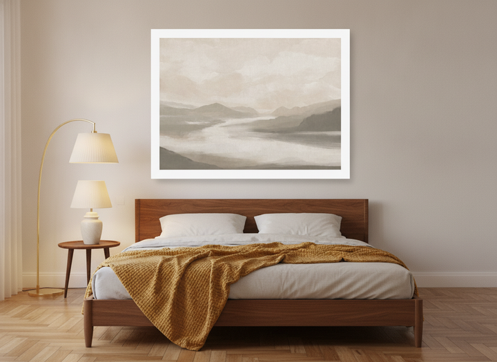 Modern wall art print styled on the wall in a mid-century bedroom