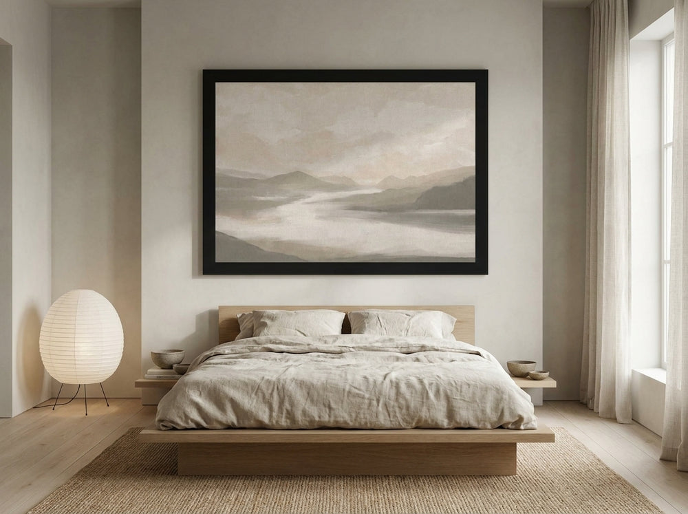 Oversized statement modern wall art print styled on the wall in a warm Japandi bedroom