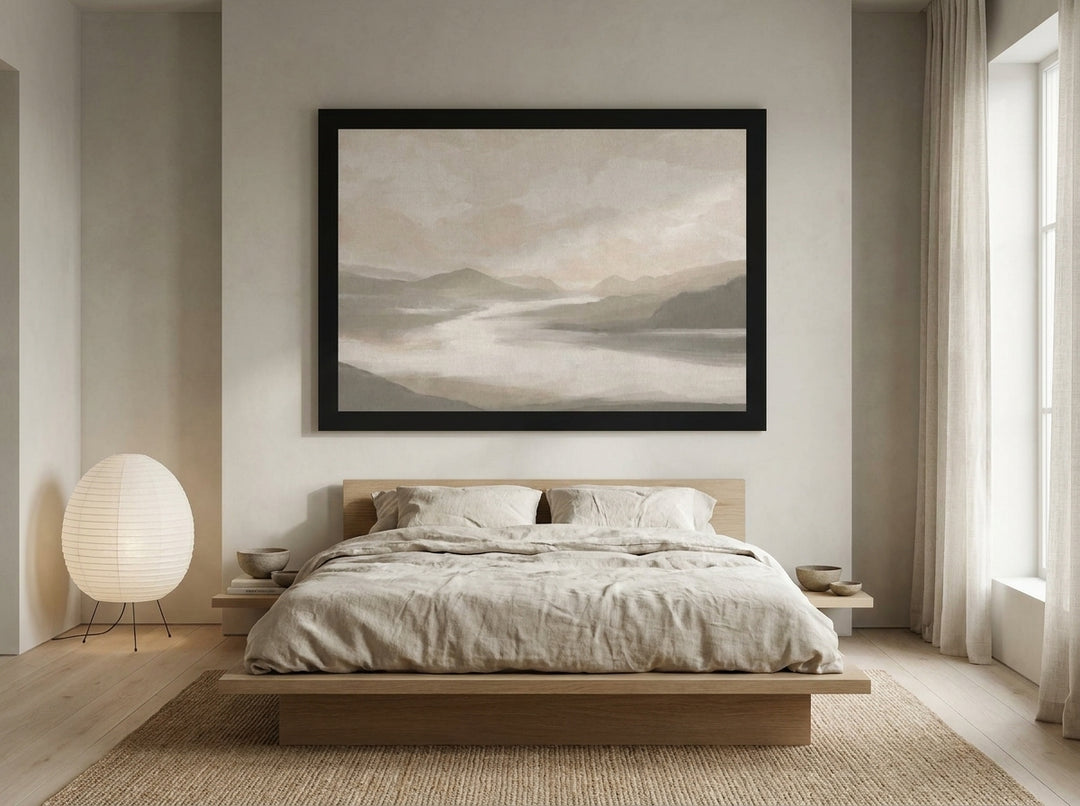 Oversized statement modern wall art print styled on the wall in a warm Japandi bedroom