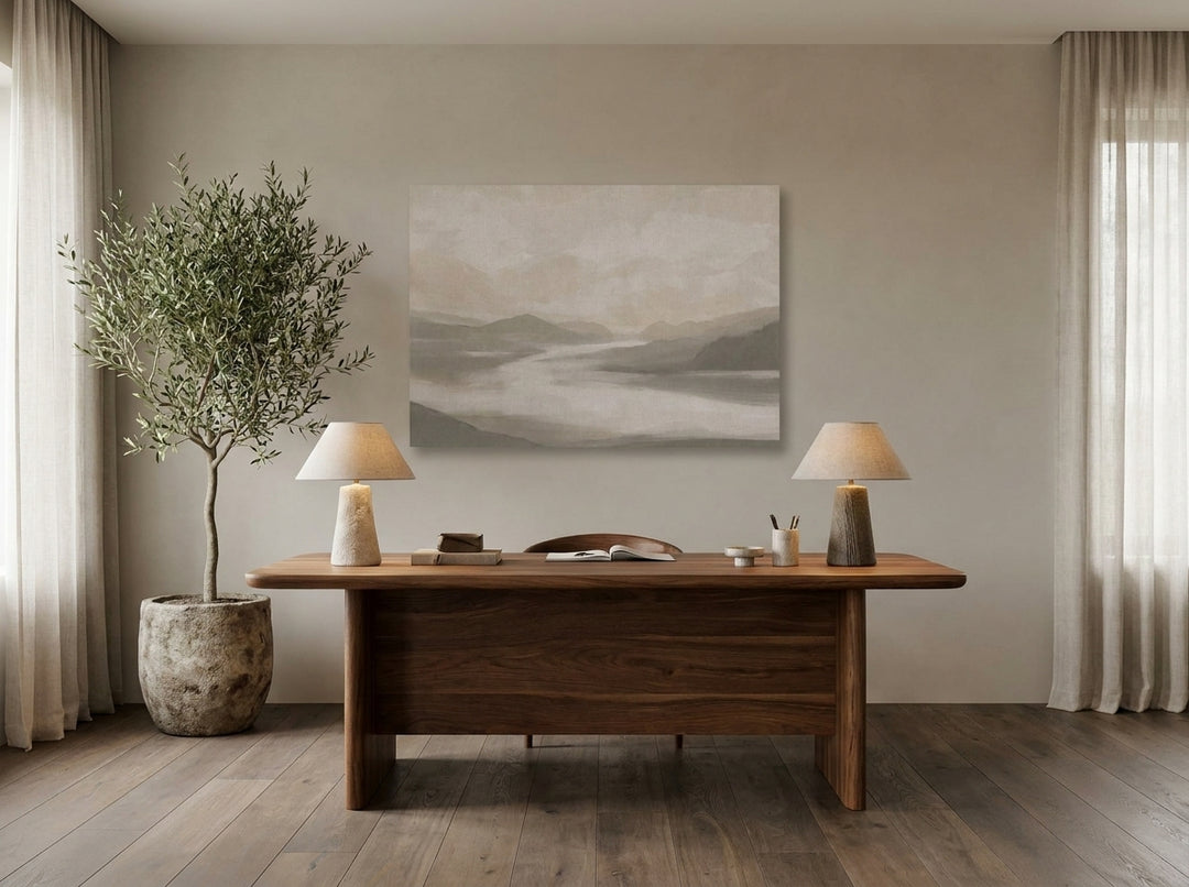 Stretched canvas wall art styled on the wall in a luxe home office