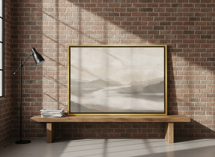 Canvas wall art with a gold leaf surround standing on a bench in an industrial loft home office