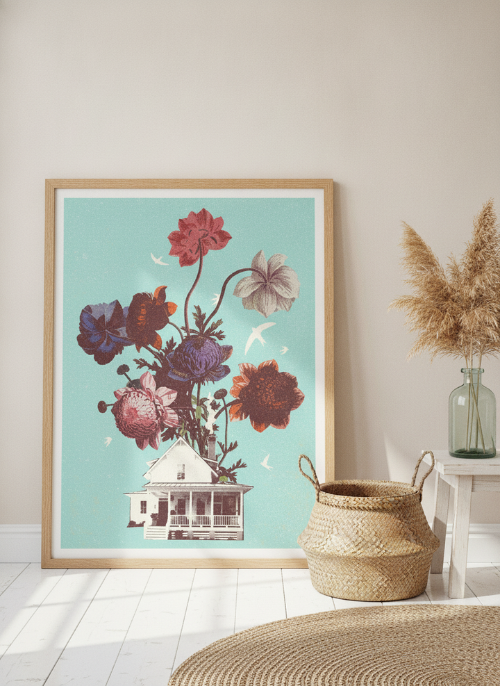 Modern wall art print leaning against the wall in a coastal home office
