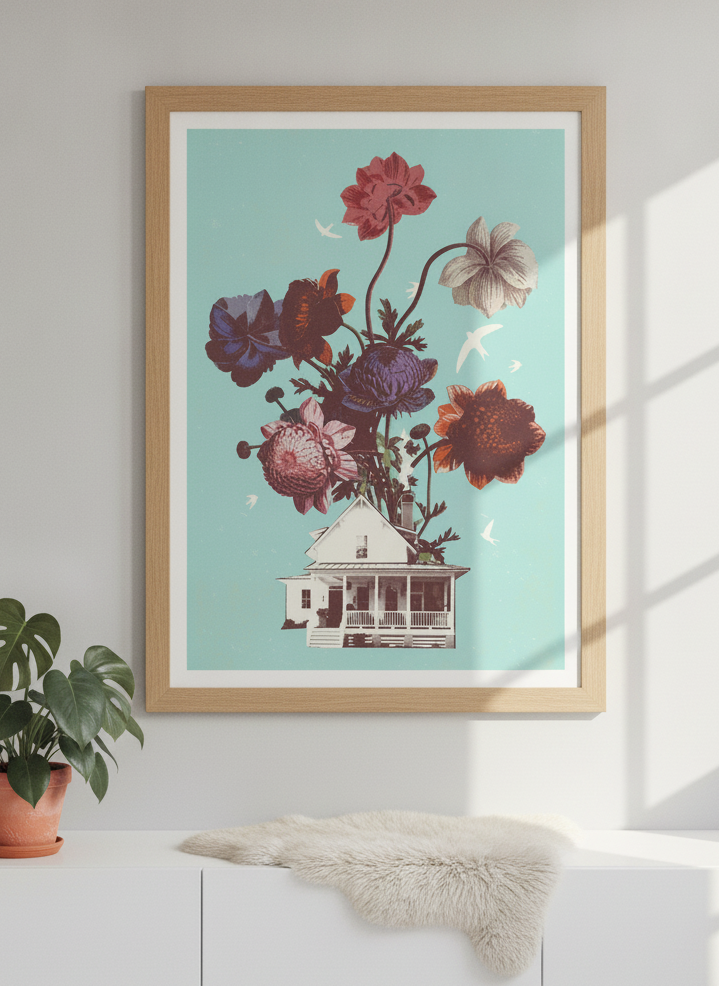 Modern wall art print styled on the wall in a bright Scandinavian living room