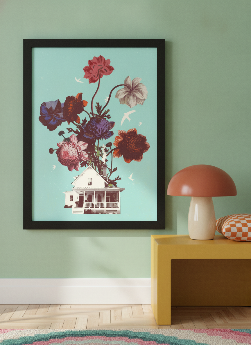 Modern wall art print standing on a side table in a colourful eclectic bedroom