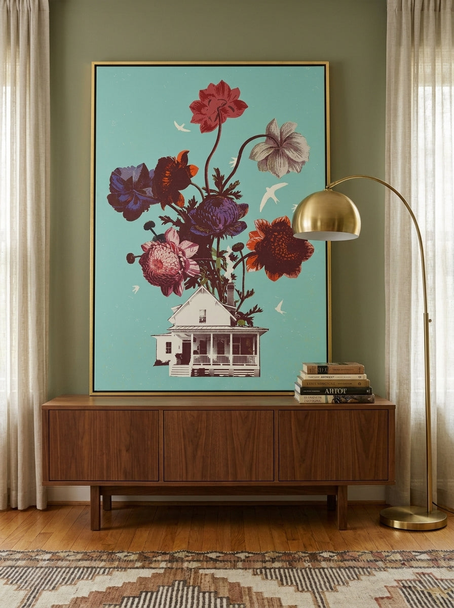 Canvas wall art with a gold leaf surround standing on a sideboard in a mid-century living room