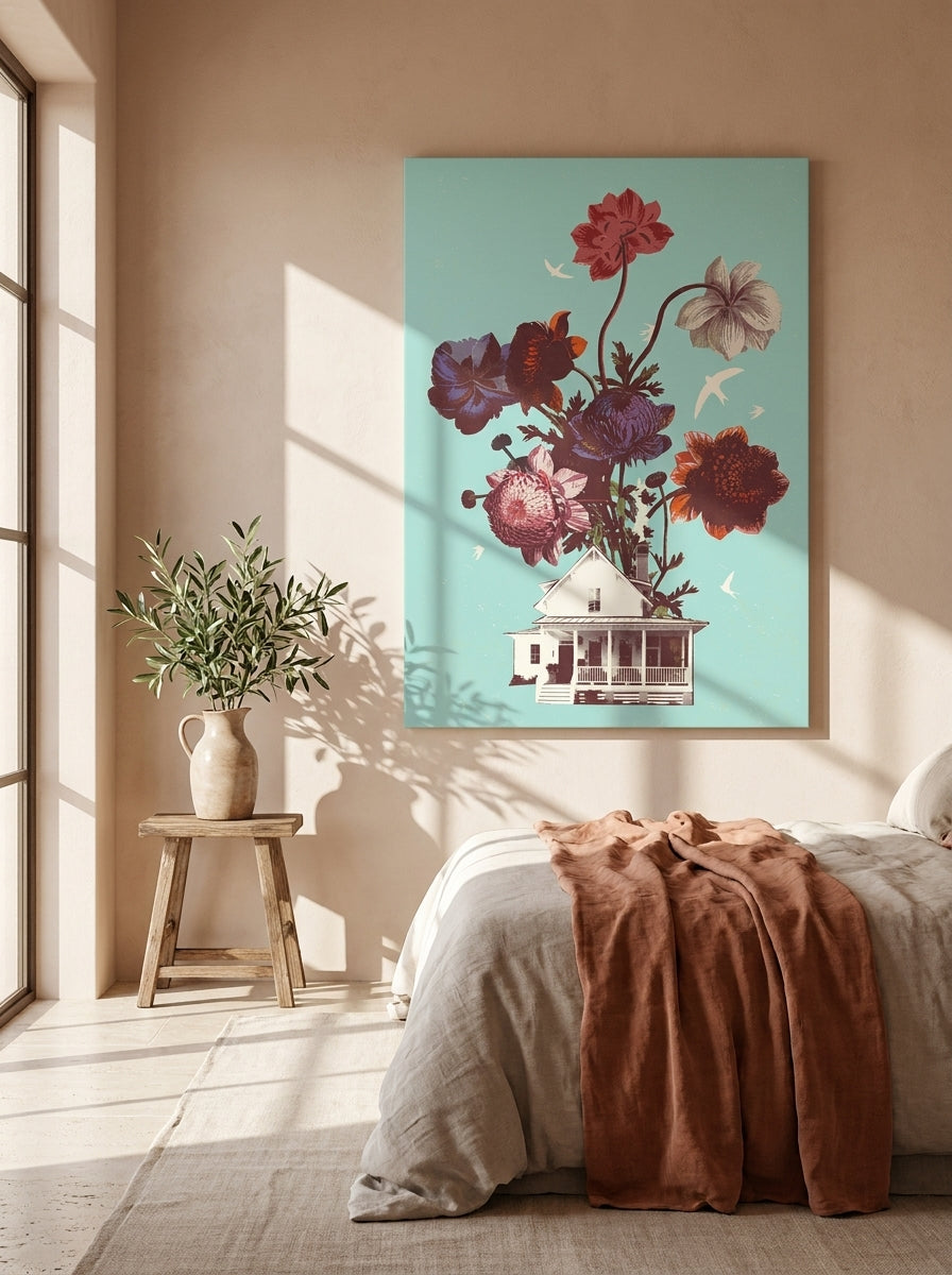 Stretched canvas wall art styled on the wall in a Mediterranean bedroom